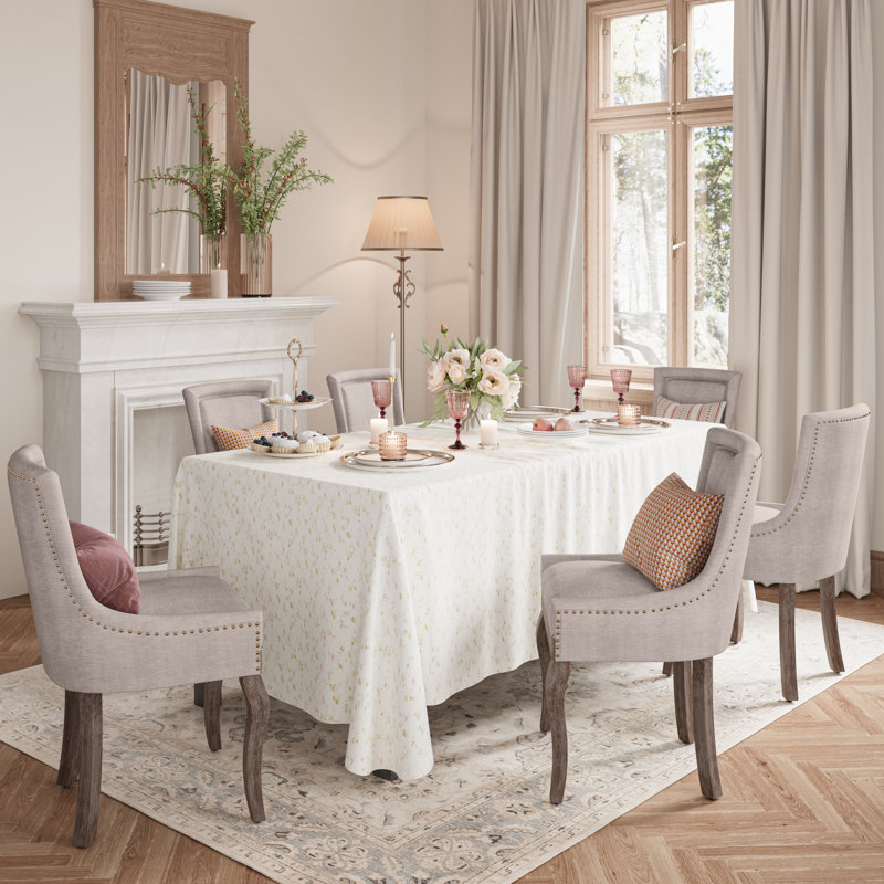 Beige Linen Upholstered Side Chair with Wooden Legs, Set of 2