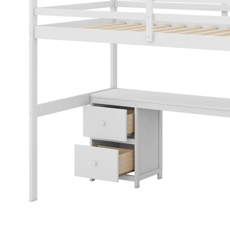 Lit mezzanine simple avec bureau et tiroirs, Blanc