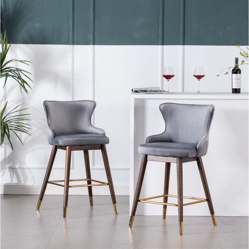 Ensemble de 2 tabourets à oreilles à hauteur de comptoir rembourrés en tissu Leland, style Mid-Century confortable et élégant avec pieds en bois d'hévéa massif