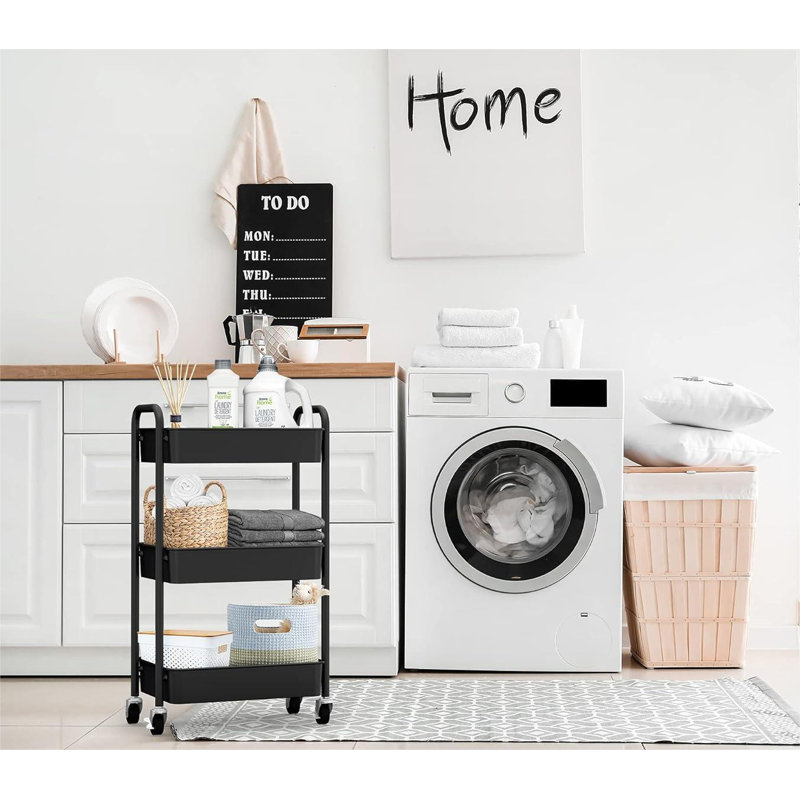 Black 3-Tier Metal Rolling Utility Cart with Casters