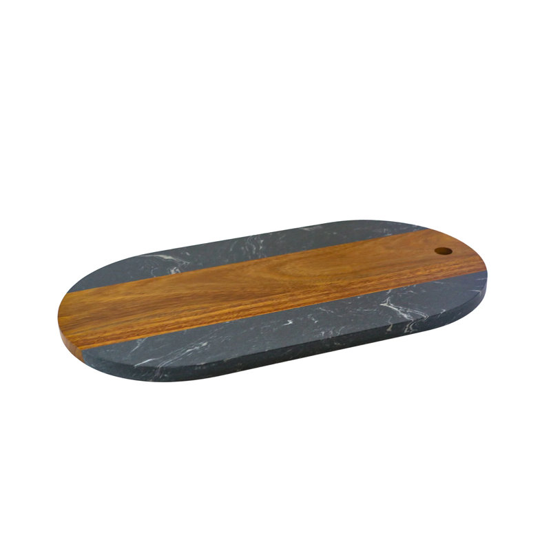 13" x 7" Black Marble and Acacia Wood Oval Board