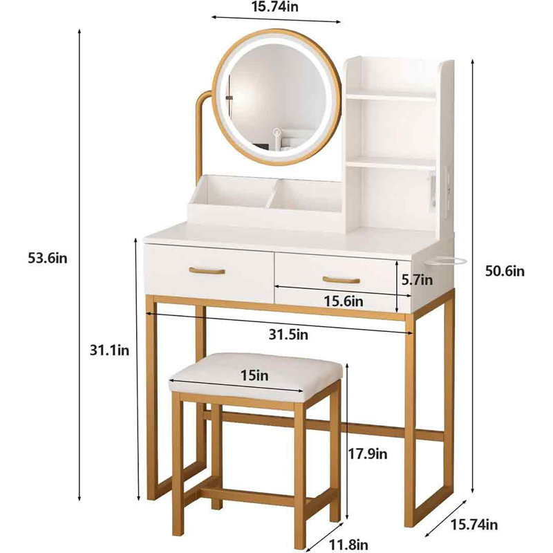 Makeup Vanity Desk With Round Mirror And Lights, Gold/White