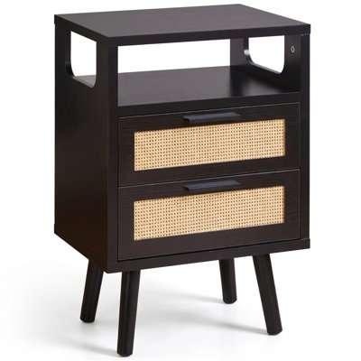 15.4-Inch Black Nightstand With 2 Drawers And Gold Metal Handles