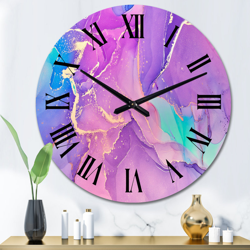 Rose et mauve, art liquide abstrait I - horloge murale moderne, Surdimensionné