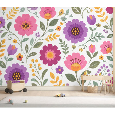 Papier peint adhésif autocollant à motif floral rose, jaune, vert, fleurs, adhésives et amovibles pour salle de séjour H 69 po x l 96 po
