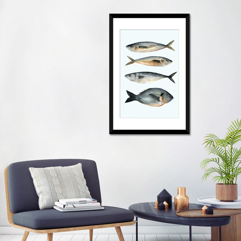 «Four Fish I», reproduction sur toile, H 32 po x l 24 po x P 1 po, Papier avec cadre noir, Blanc