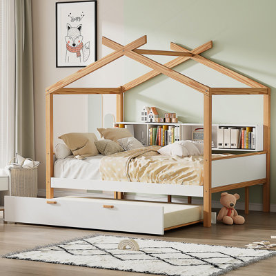 Full Size Wooden House Bed With Twin Trundle And Built-In Bookshelf Storage For Kids Or Guests