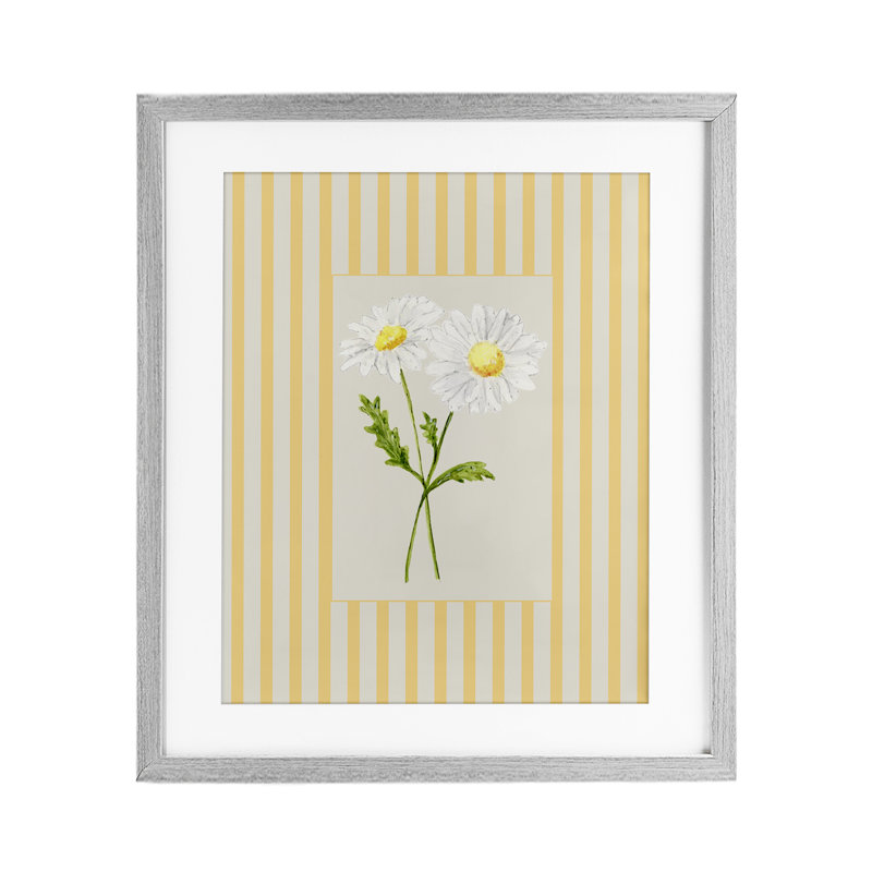 Impression de marguerite à rayures jaunes sous verre, design par Lisa Wehmeyer, H 21 po x l 17 po, Cadre de ferme gris