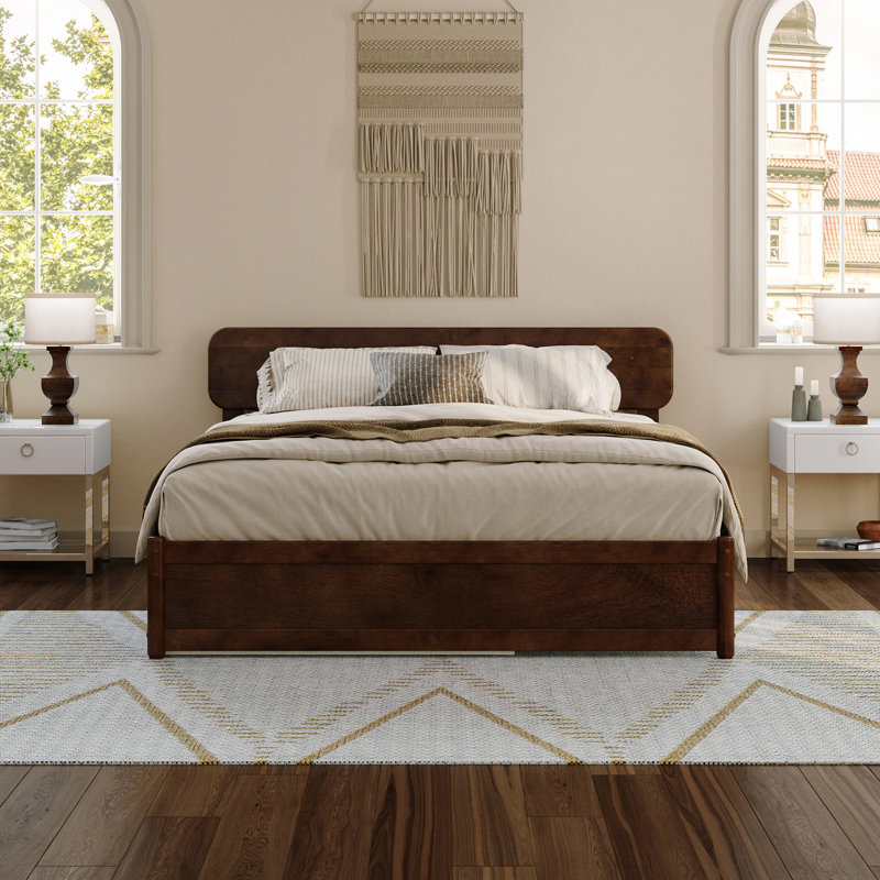 Ause Solid Wood Platform Bed with Matching Trundle, Queen, Walnut