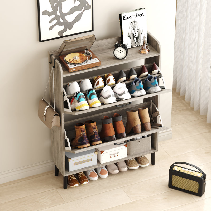 24 Pair Shoe Storage Cabinet,Free Standing Tipping Bucket Shoe Rack Organizer with 2 Flip Drawers, Washed Gray