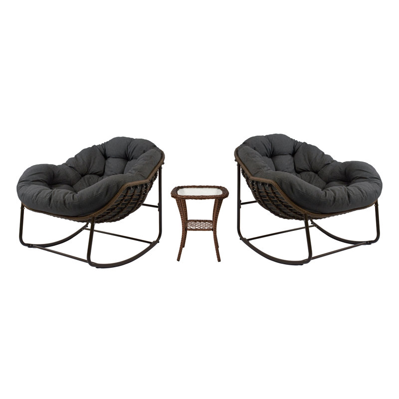 Outdoor Ladena Rocking Rattan Chair With Cushions And Rattan Coffee Table, Dark Gray