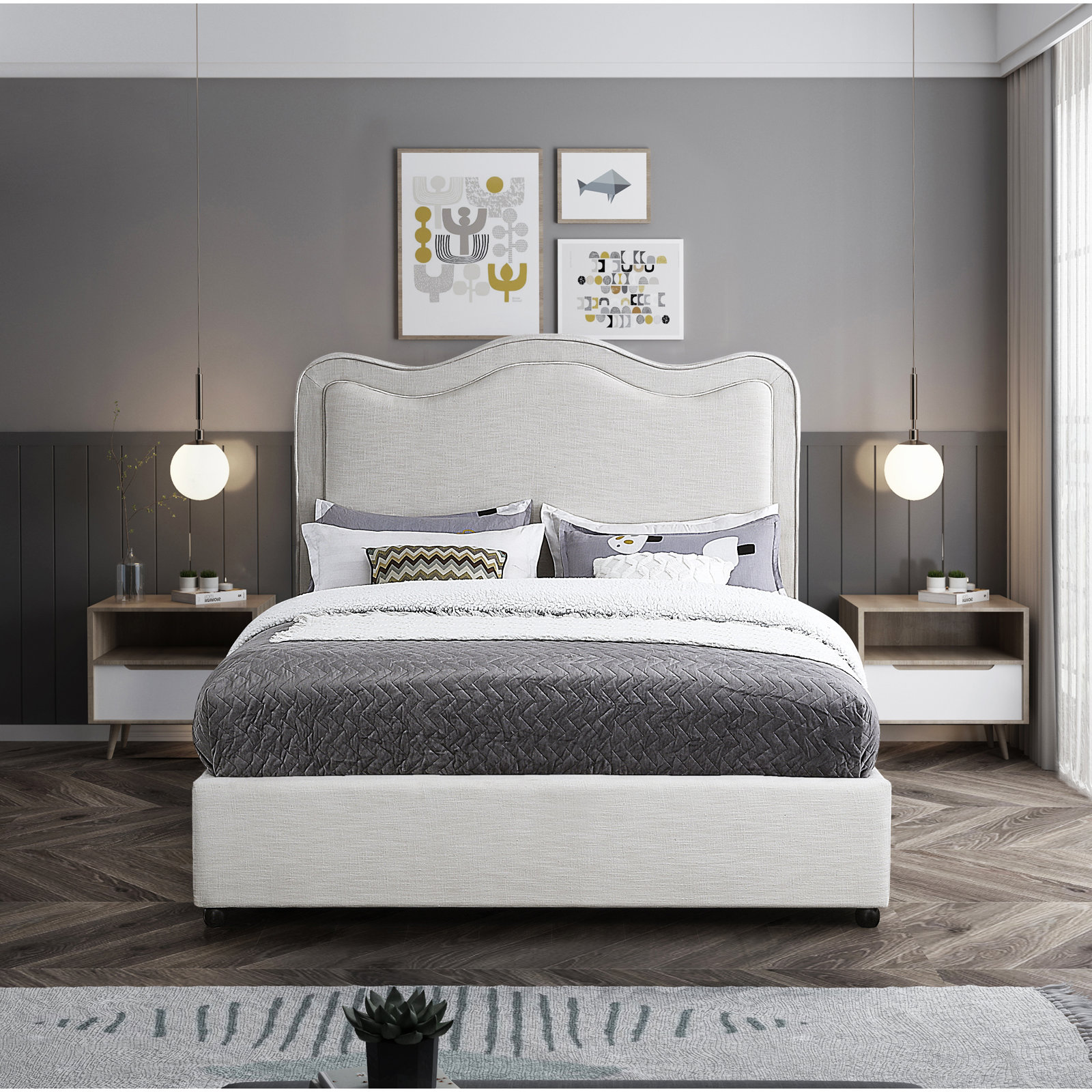 Upholstered Scalloped Bed, King, Cream Linen