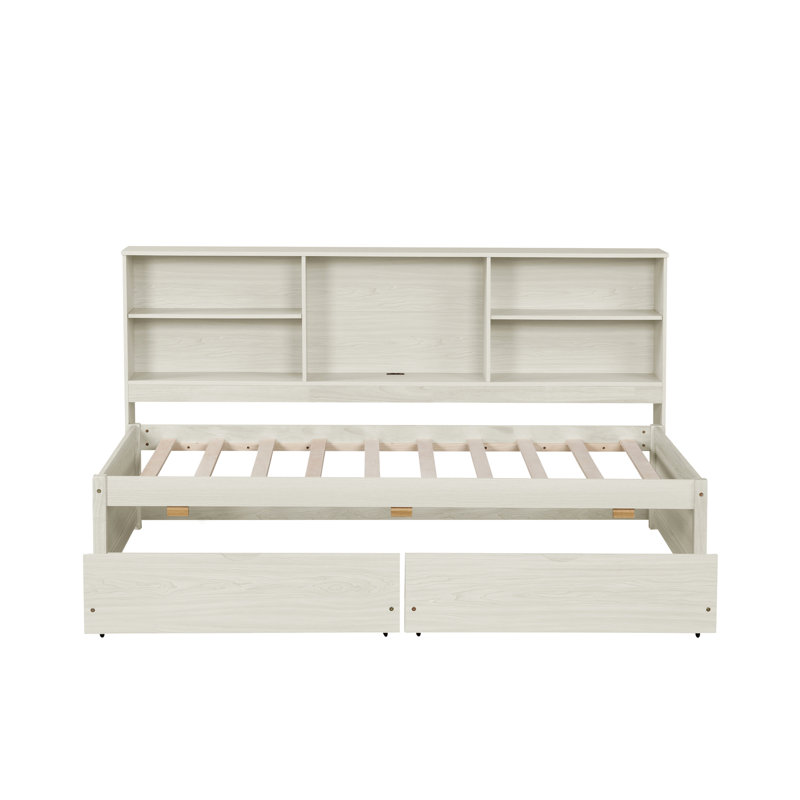 Creamy White Twin Bed Frame With Sideboard, Two Drawers And Charging Daybed Side Compartments, & Hub, Creamy White