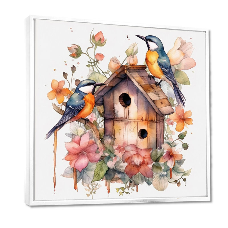 «Birds On A Birdhouse», reproduction sur toile, H 30 po x l 30 po, Cadre flottant blanc