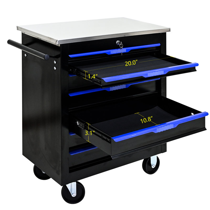 Chariot de rangement portatif 7 tiroirs - noir + bleu, acier, rangement verrouillable, comptoirs en acier inoxydable, coffre à outils de 4 po