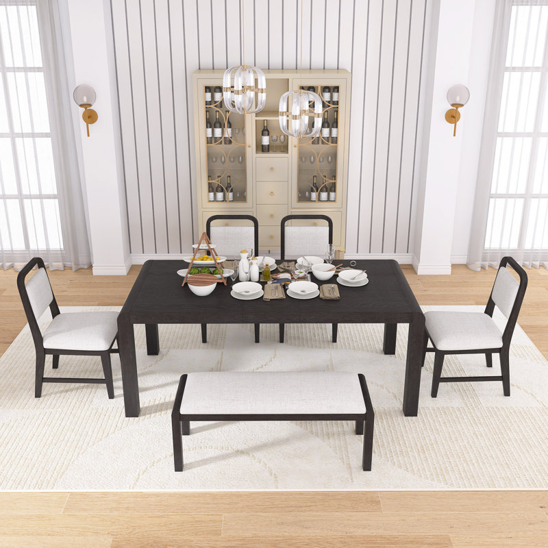 6-Piece Vintage Rectangular Extendable Dining Table Set,With 4 Ergonomic Upholstered Chairs And 1 Bench,A 12-Inch Removable Middle Leaf,Elegant Curved Legs,Easy Assembly
