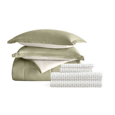 7-Piece Reversible Bedding Bundle - Solid Comforter and Patterned Sheet Set