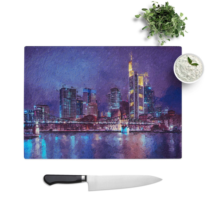 Tempered Glass The Frankfurt Skyline in Germany at Night Chopping Board, 28.5 cm W x 20 cm L