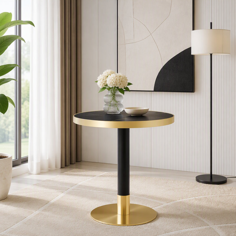 Table bistro ronde de 23,6 po avec rebord en acier inoxydable, Noir + or