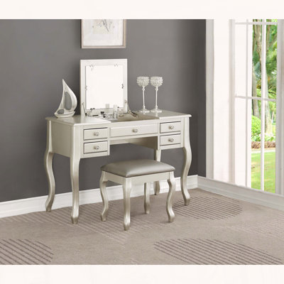Ensemble de coiffeuse classique avec miroir rabattable et tabouret rembourré