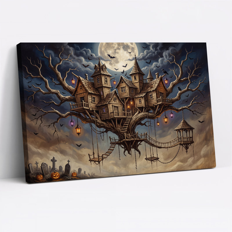 «Treehouse Village with Glowing Lanterns Under Halloween», art mural sur toile, H 32 po x l 48 po