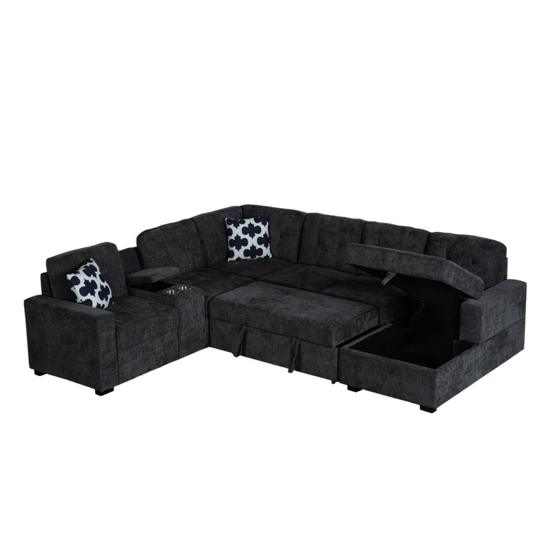 Sectional 3-Seaters Sofa With Reversible Chaise, Storage Ottoman, Metal Legs And Copper Nails,Two White Pillows ,Black(102" X 76" X35")