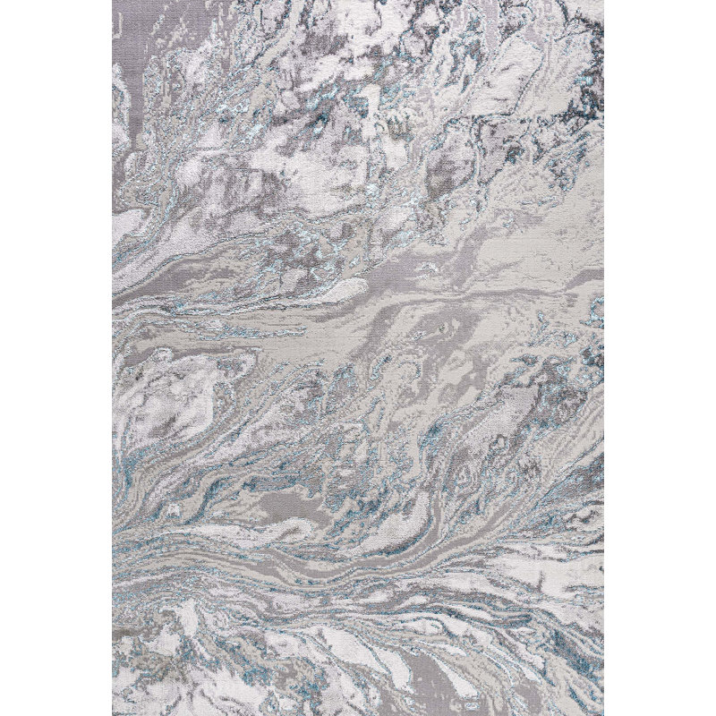 Swirl Marbled Abstract Gray/Turquoise Rug, Rectangle 4' x 6'