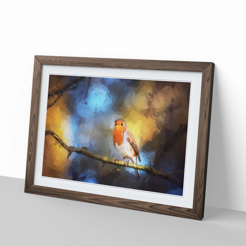 Robin Bird in a Tree in Abstract - Picture Frame Painting Print on MDF, Walnut, 35cm H x 50cm W x 2cm D