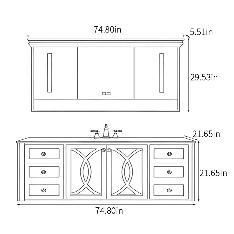 Armoire de salle de bain rétro, H 21,65 po x l 74,8 po x P 21,65 po
