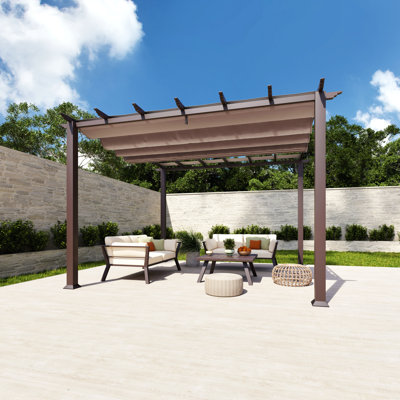 Florence 11 ft. W x 11 ft. D Wood Grain Aluminum Pergola in Chilean Ipe Finish with Canopy