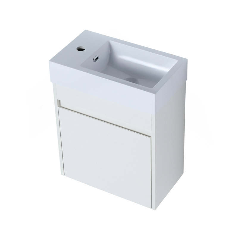 Meuble-lavabo mural 18 po avec lavabo en résine blanche et porte d'armoire à fermeture en douceur 18 po, Grain droit blanc