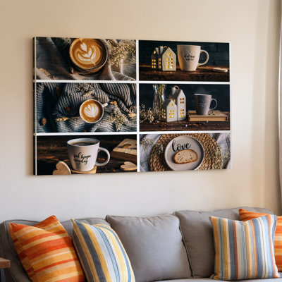 Toile, un collage chaleureux aux tons chauds avec diverses scènes de café, l'art mural en haut à gauche montre une latte magnifiquement fabriquée
