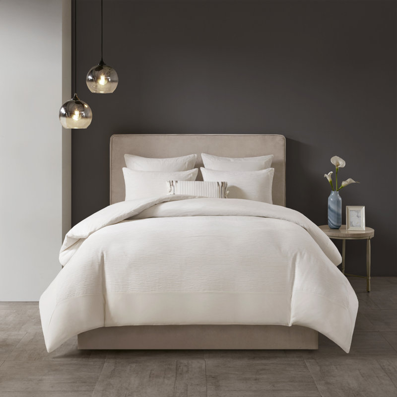 Ensemble de housse de couette pour lit double / grand en mélange de coton blanc N Natori Hanae 3 pièces, Blanc