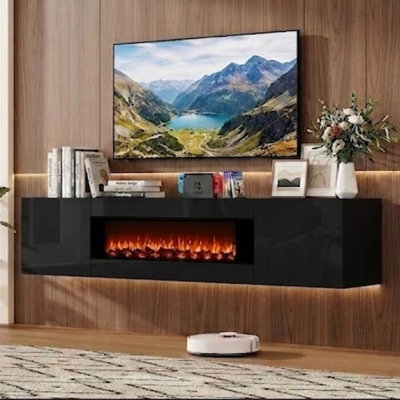 70" Wall Mounted High Gloss TV Stand, Floating Entertainment Center with Storage Cabinets, Fits TVs up to 80", White/Black/Gray
