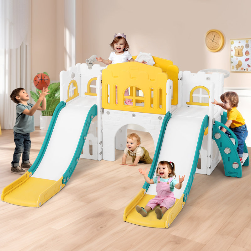 Cosvalve 70.9'' W Indoor and Outdoor Plastic Climber with Double Slide, Yellow/Green