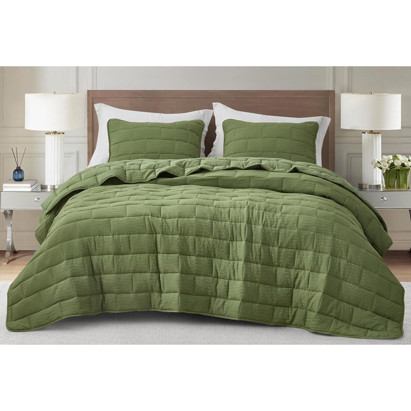 George 3-Piece Modern Textured Woven Jacquard Quilt Set, Olive Green, Queen Quilt + 2 Standard Shams