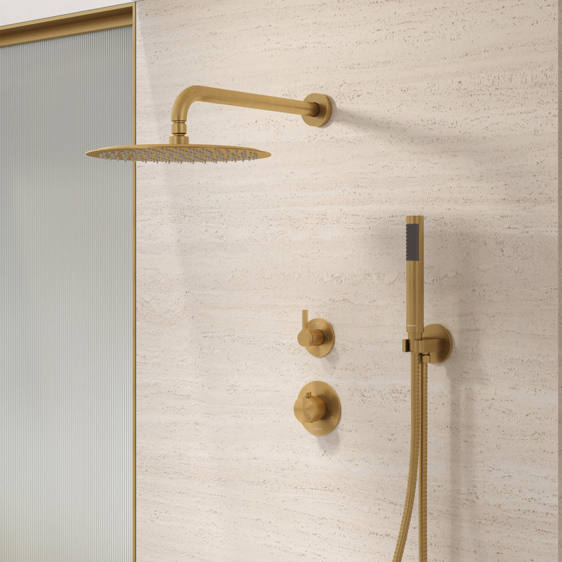 Système de douche thermostatique Tinian avec panneau de commande divisé avec pomme de douche de 12 pouces, douche à main en or brossé
