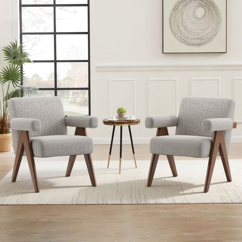 Mid - Century Modern Upholstered Accent Chair with Wooden Frame, Beige