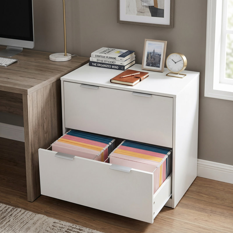  Classeur à 2 tiroirs - Classeur latéral en bois avec 2 grands tiroirs de rangement et barres à dossiers réglables - Support d'imprimante pour l'organisation et le rangement du bureau personnel (blanc)
