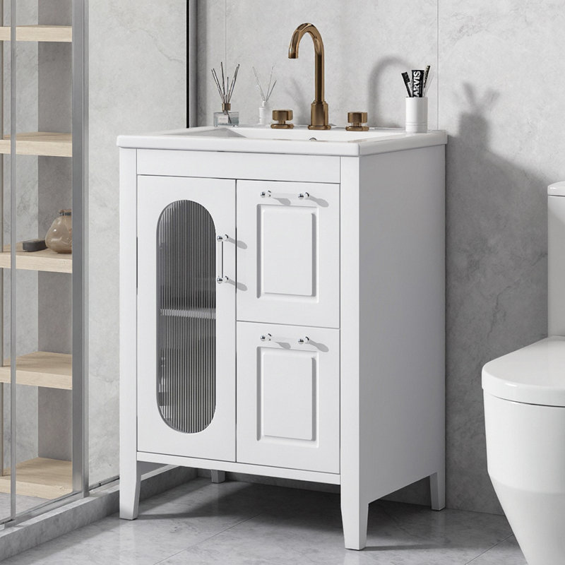 Élégant meuble-lavabo de salle de bain 24 po avec lavabo en céramique et cadre en bois massif blanc, Blanc