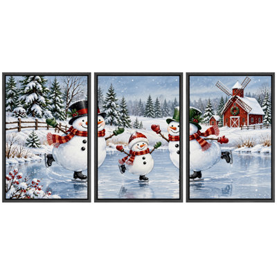 Tableau de Noël représentant un bonhomme de neige patinant sur la glace, impression giclée sur toile encadrée, 3 pièces - 40,6 x 61 cm (x3 pièces), 61 x 91,4 cm (x3 pièces)