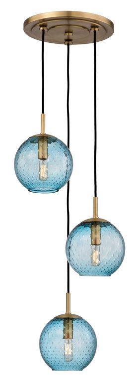 Rousseau 3 Light Chandelier, Aged Brass, Blue