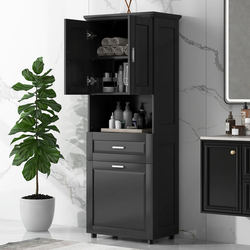 Tall Bathroom Cabinet With Laundry Basket, Large Storage Space Tilt-Out Laundry Hamper And Upper Storage Cabinet, Black