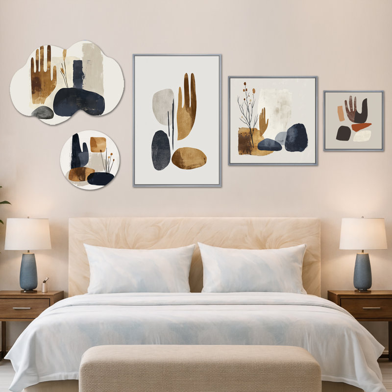 Minimal & Geometric Nature Tones II - grande décoration murale abstraite noire, ensemble de 5 toiles encadrées et métal (100 po x 40 po)