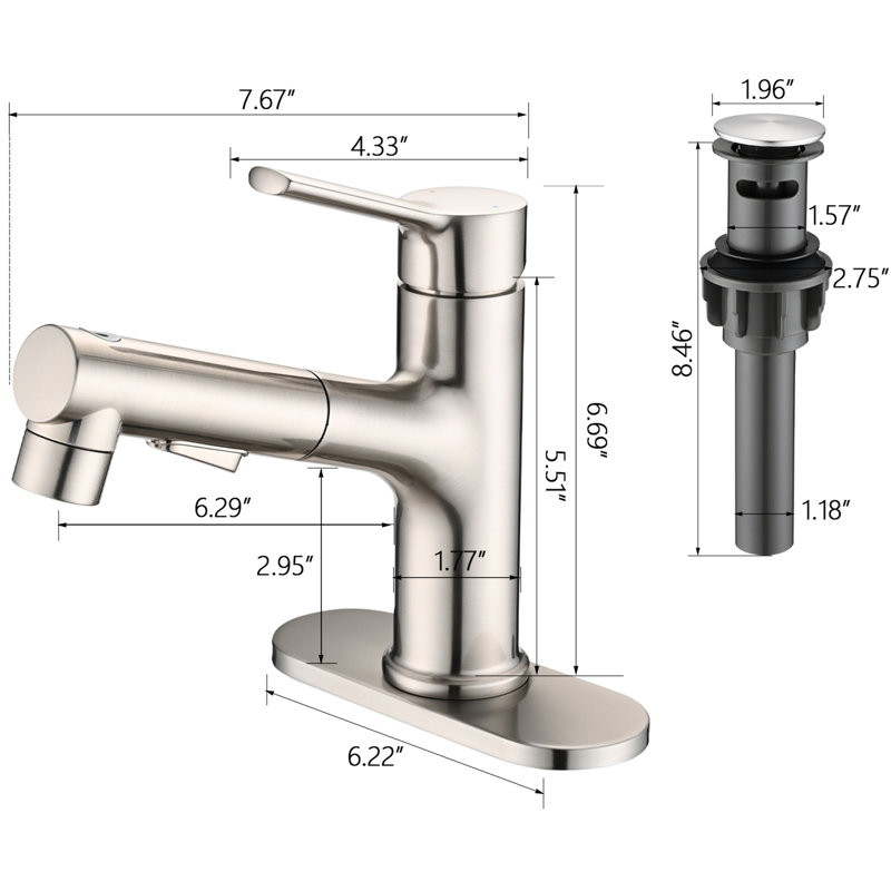 Robinet de lavabo de salle de bain avec poignée rétractable, poignée simple, nickel brossé, design moderne et bouchon de drain escamotable avec finition nickel