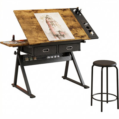 Adjustable Height Artist Drafting Table, 0°-75° Tilting Tabletop Art Desk with 2 Storage Drawers & Matching Stool, Workstation for Painting Sketching Crafting Home Studio