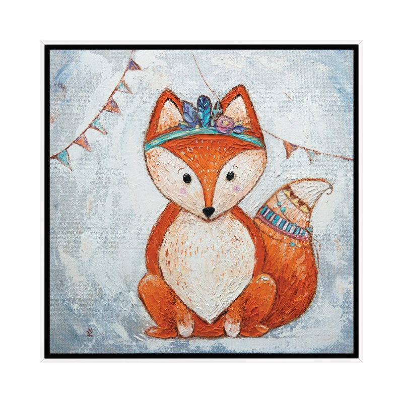 Fox And Flags by Vlada Koval - Painting on Canvas, White Framed, 93.98 cm H x 93.98 cm W