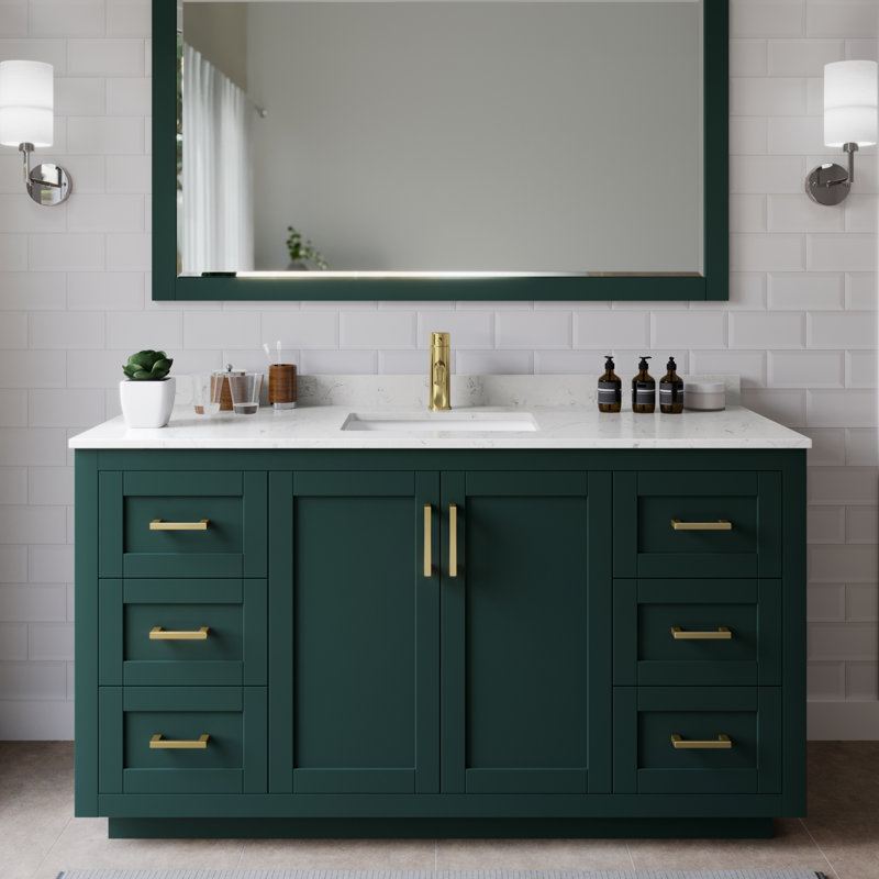 Miranda 60" Freestanding Single Bathroom Vanity with Cultured Marble Top with 58" Mirror, Brushed Gold, Green