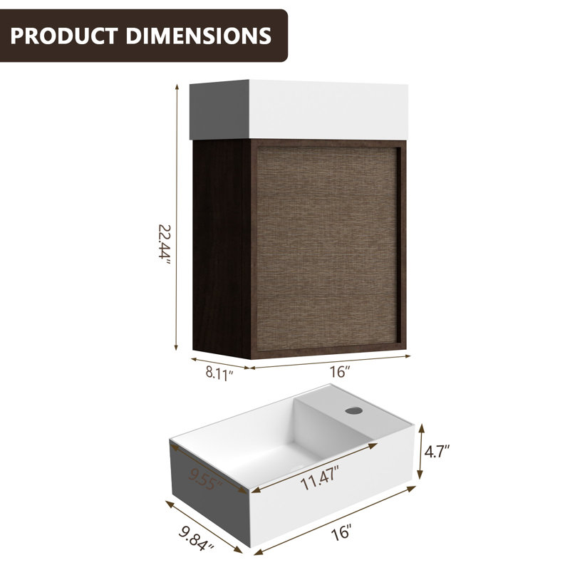 Meuble-lavabo suspendu Mori de 16 po avec lavabo intégré en acrylique