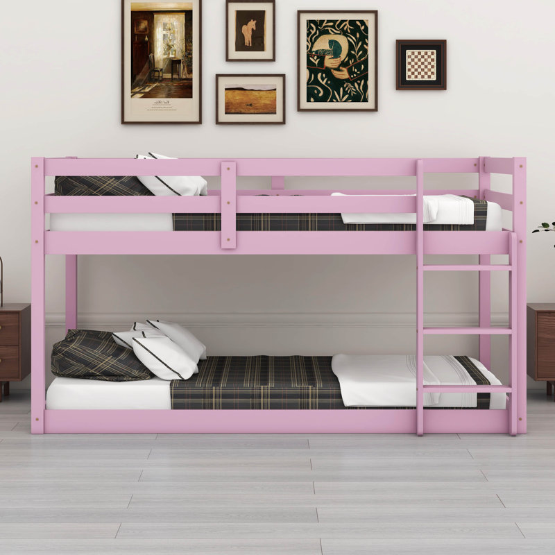 Twin Over Twin Solid Rubber Wooden Floor Bunk Bed – Ladder & Strengthened Slat Bed Platform, Pink